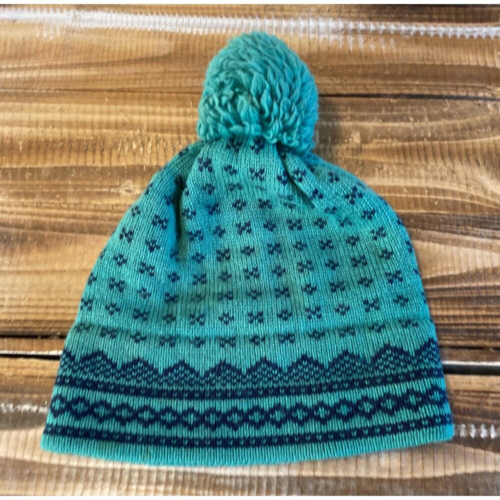 Vintage 1980's Maureen of the Mews Knitted Winter Ski Hat Beenie Green Pom Pom